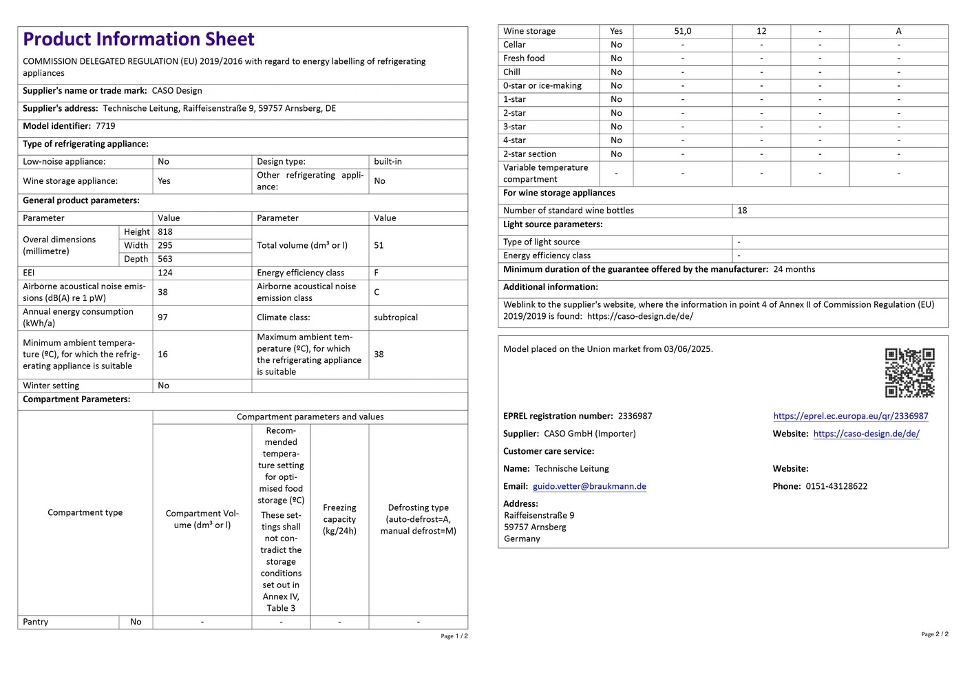 Product data sheet refrigerator CASO Design, technical data, energy efficiency class F, wine storage compartment