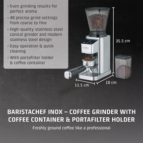 Barista coffee grinder with portafilter holder and coffee container