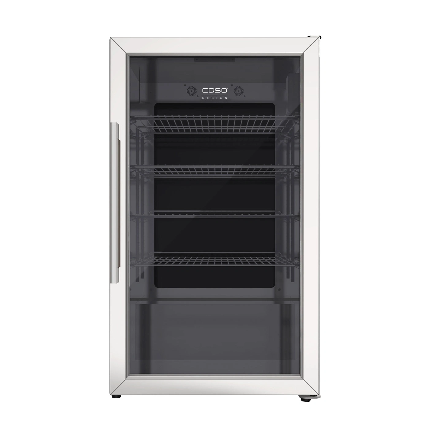 Kühlschrank mit Glasfront, Metallrahmen, Regalen und Caso Design Logo.