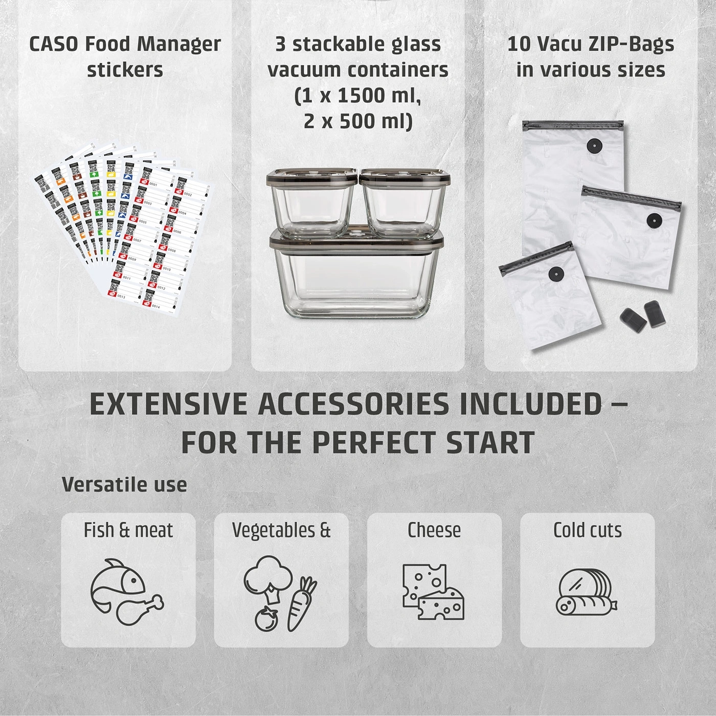 CASO Food Manager set with vacuum containers, ZIP bags, and stickers for food storage.