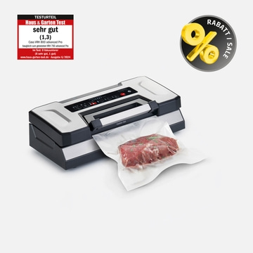 A vacuum sealer with meat in a bag and a discount symbol