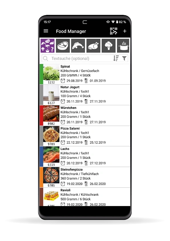 Eine Liste von Lebensmitteln mit Bildern und Details in einer App.