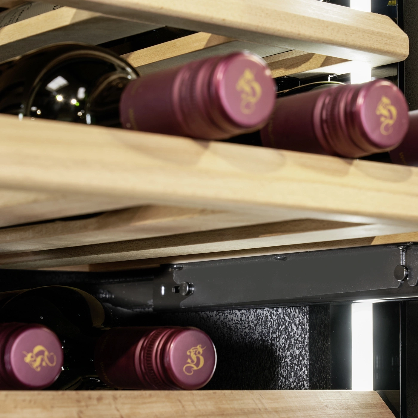 Wine bottles in a wine cooler, wooden shelves, close-up, wine storage