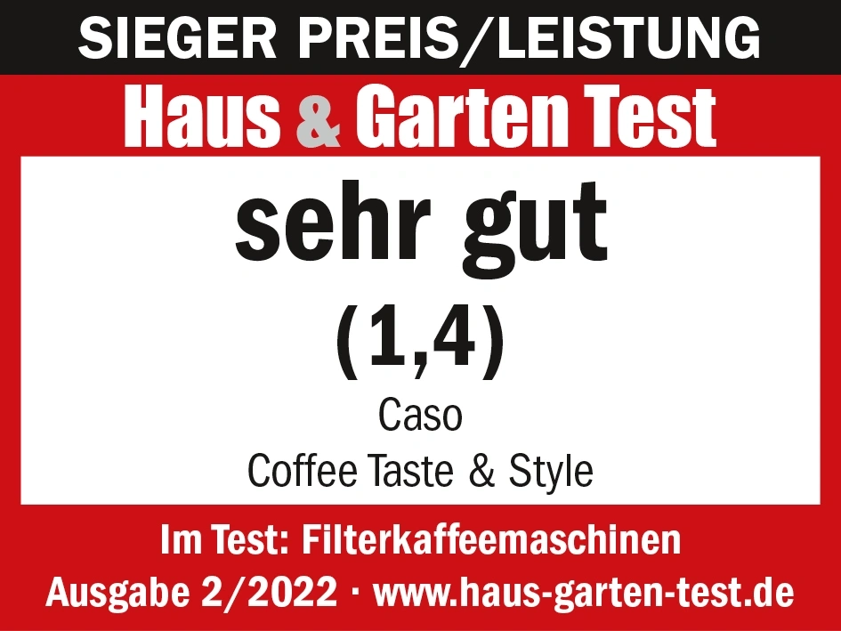 Auszeichnung für Kaffee: Sehr gut, Caso Coffee Taste & Style, Haus & Garten Test, Ausgabe 2/2022