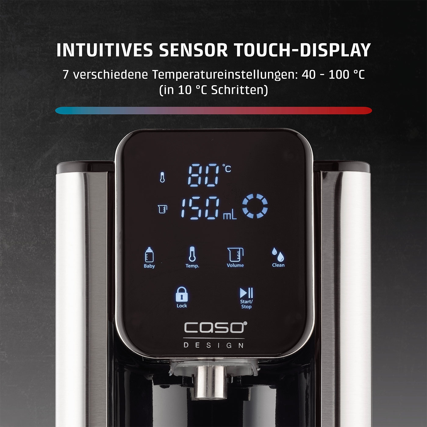 Intuitives Sensor-Touch-Display mit Temperatur- und Volumeneinstellungen.