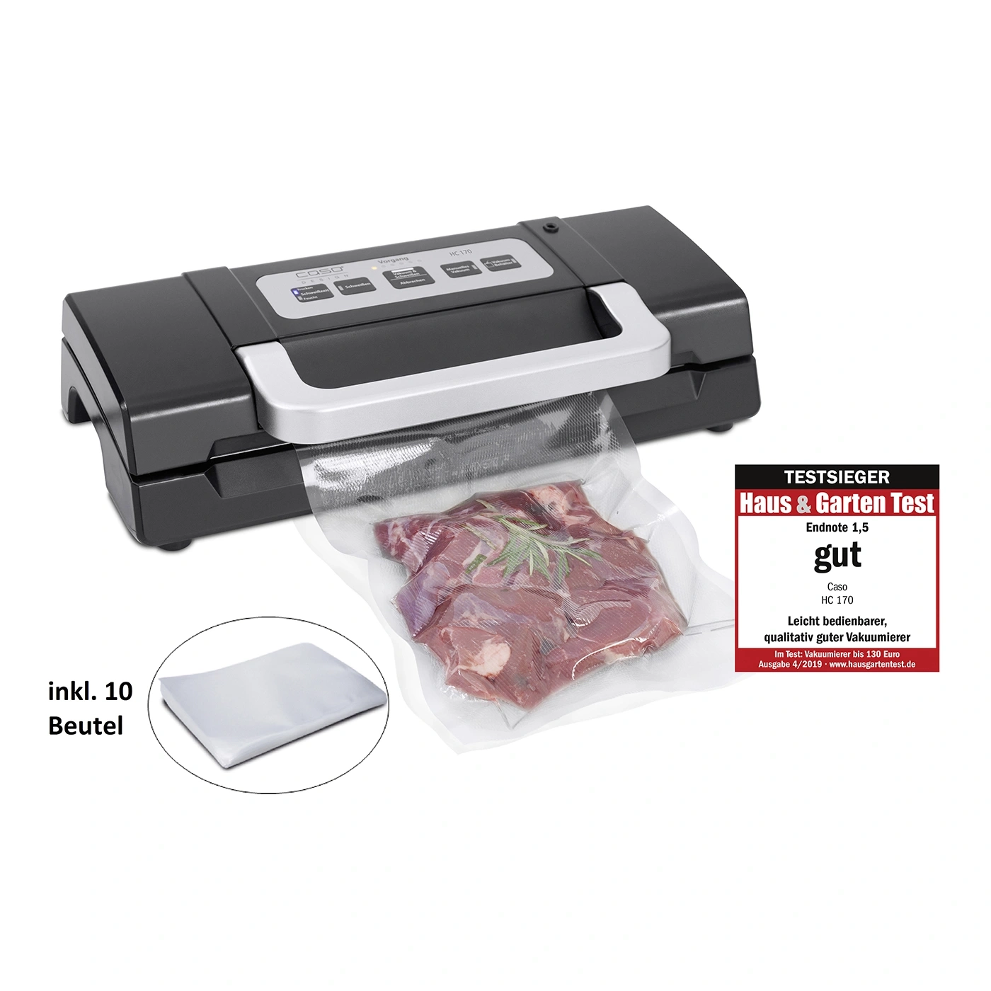 Vacuum sealer with meat, bags, and 'good' test rating from Caso HC 170.