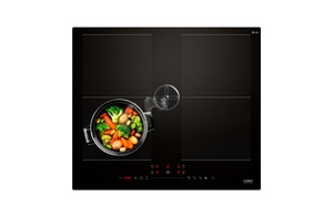 Induction hob with pot of vegetables and controls.