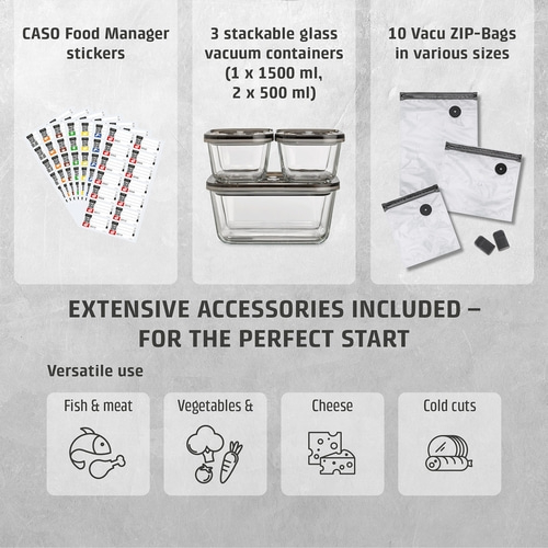 CASO Food Manager set with vacuum containers, ZIP bags, and stickers for food storage.