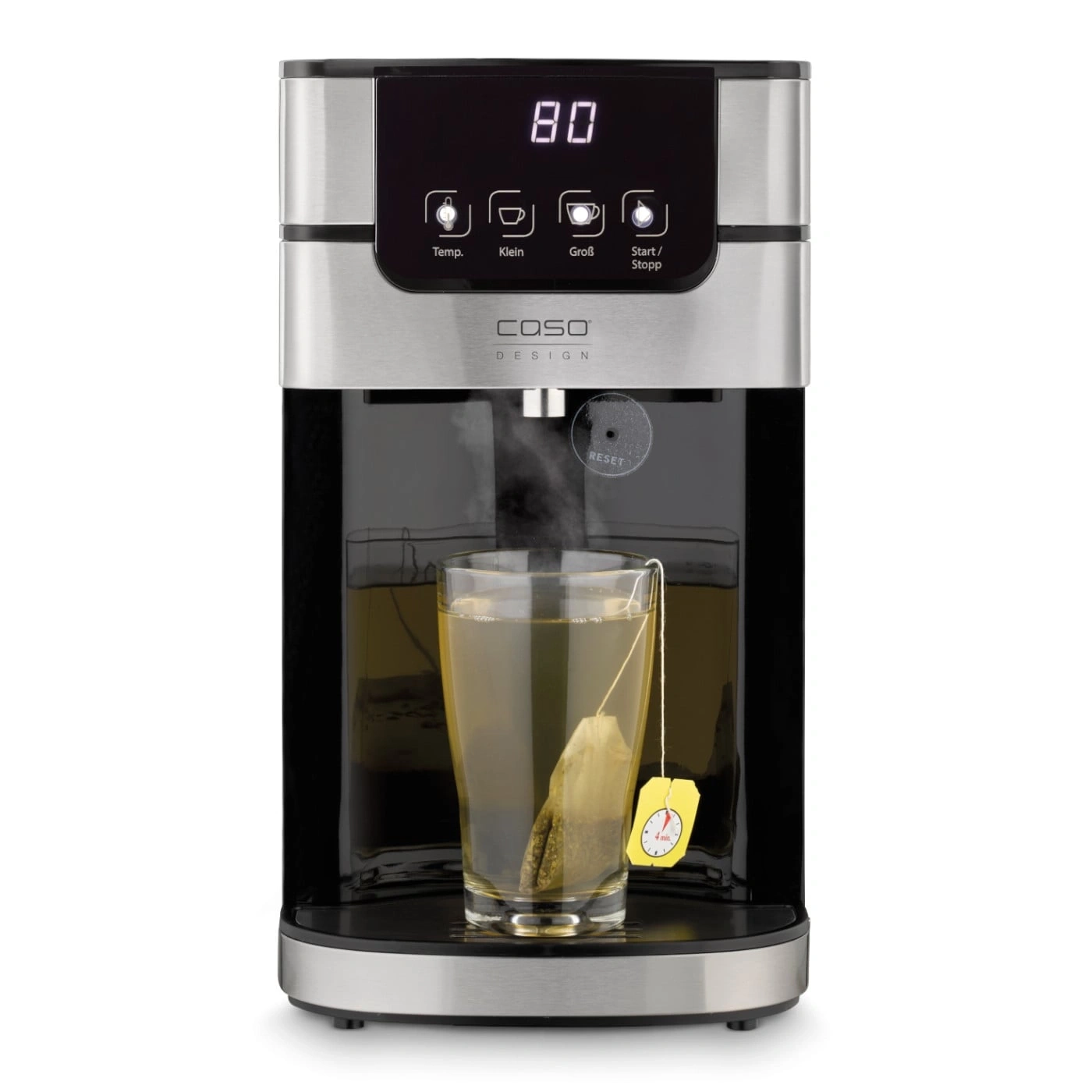 Tea machine with glass, teabag, temperature display and control panel.