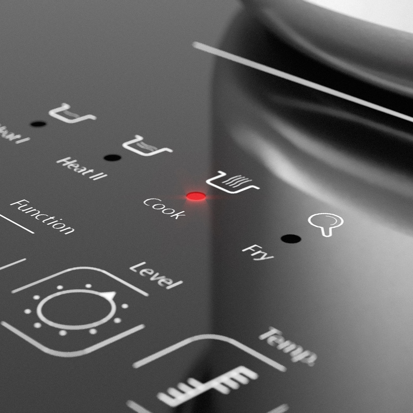 Cooktop with red indicator, cook function active, close-up of control panel