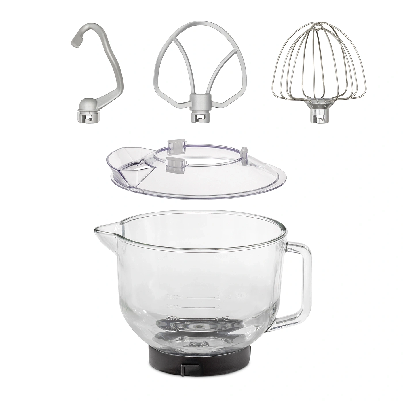 Kitchen machine with accessories: dough hook, beater, whisk, lid, and bowl.
