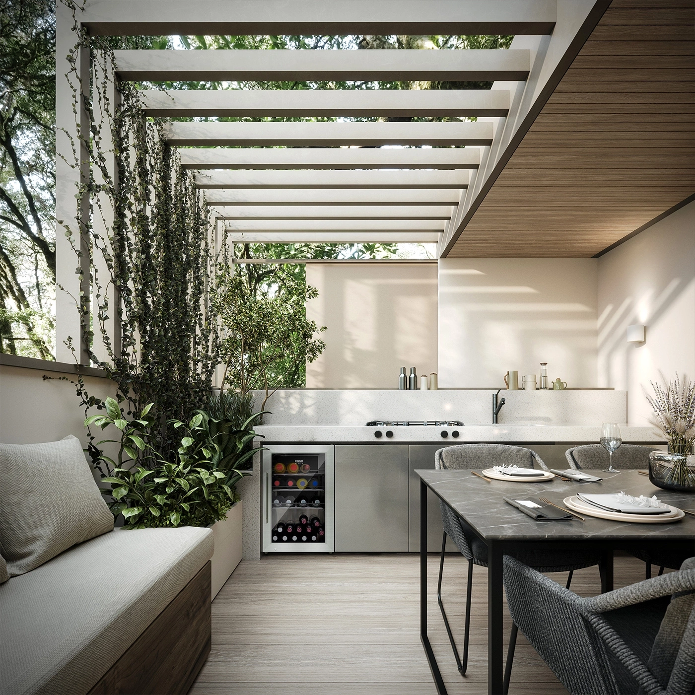 Terrasse mit Küche, Esstisch, Wein, Pflanzen, Pergola, Holz, modern, draußen, entspannen
