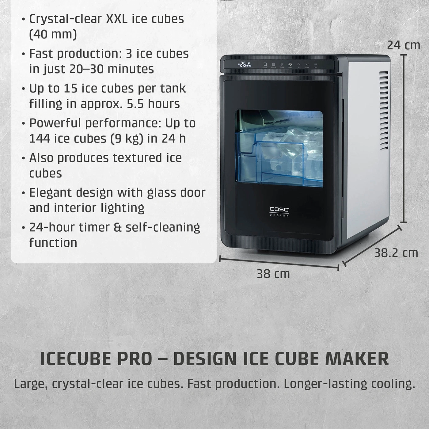 Ice cube machine with dimensions 38x38x24 cm and fast ice cube production.