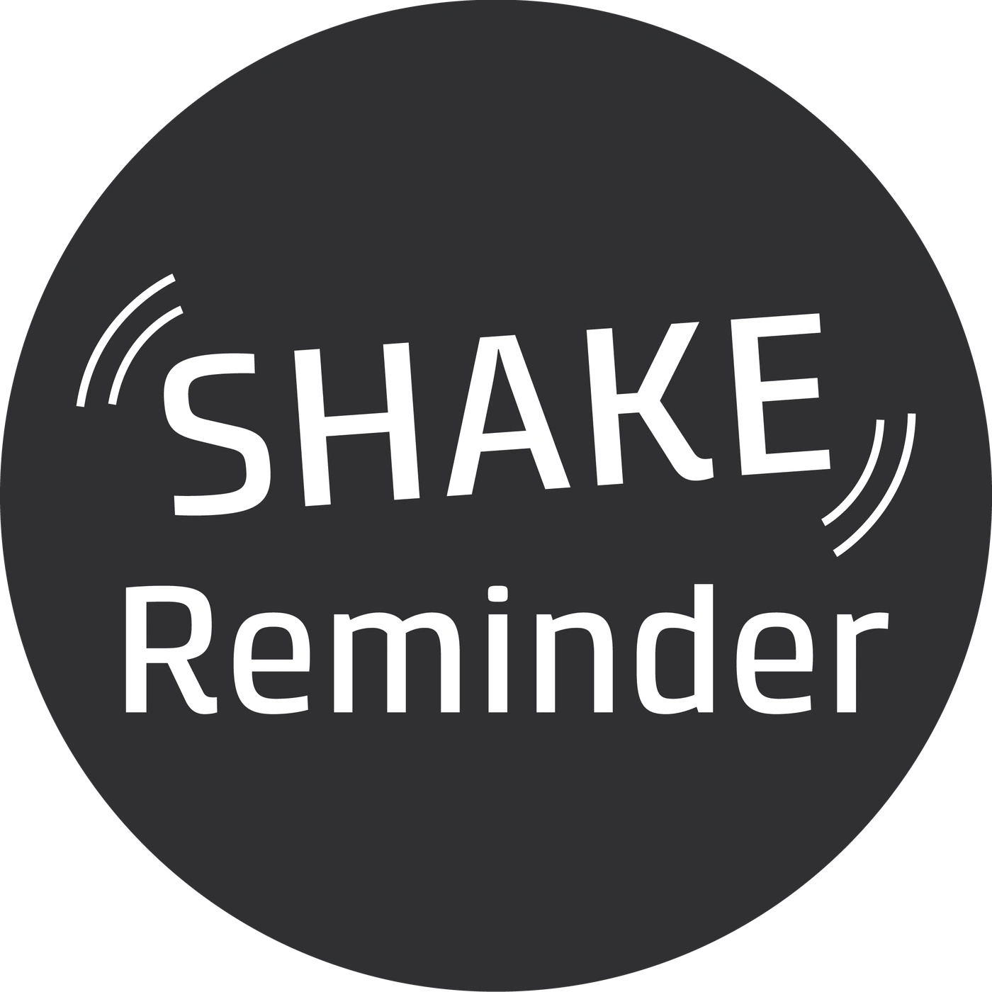 Circular logo with white text 'SHAKE Reminder' on a gray background.