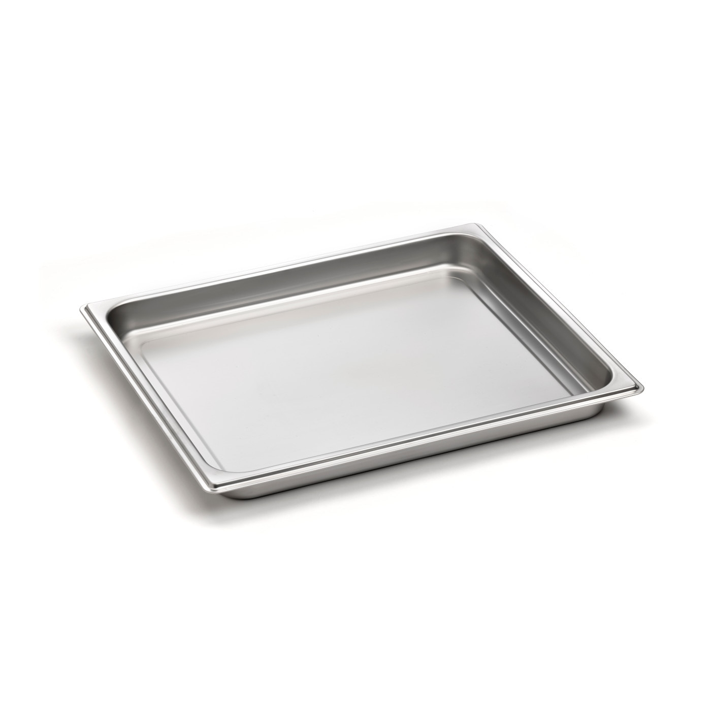 Stainless steel tray, empty, rectangular, shiny, isolated on white background