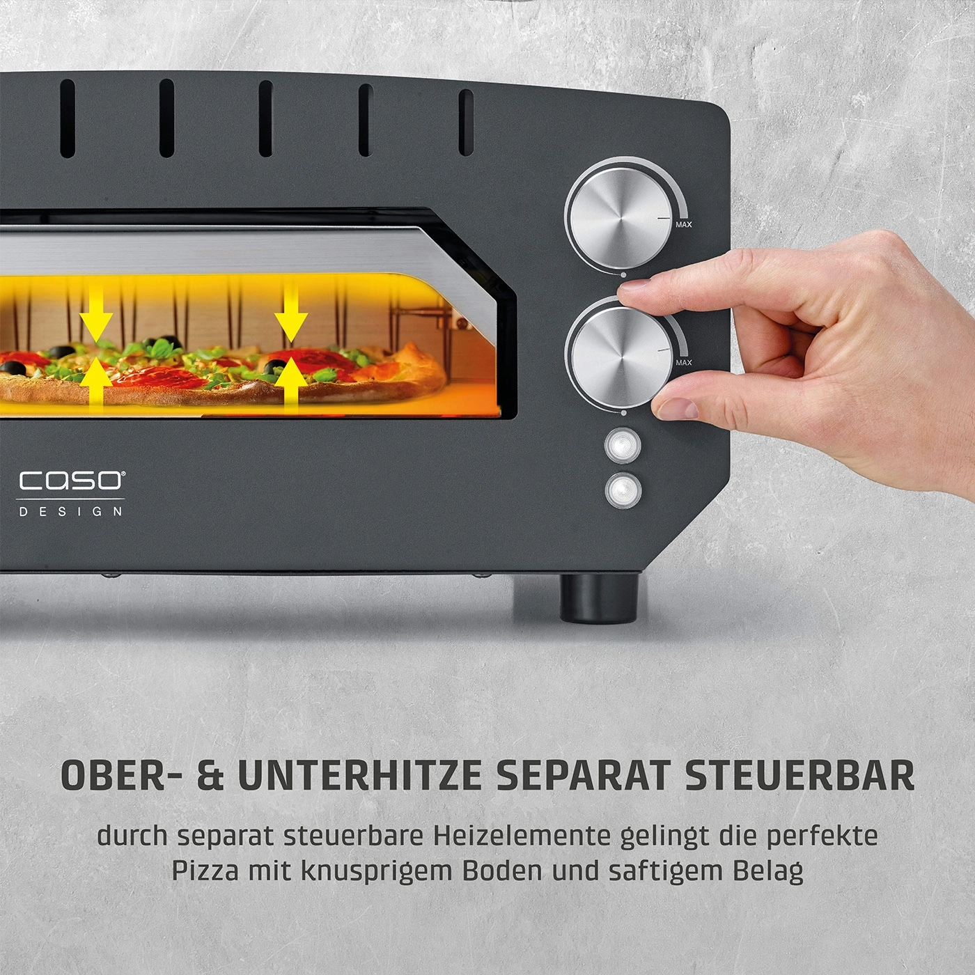 Ein Pizzaofen mit zwei Drehreglern und einem Pizzabild.