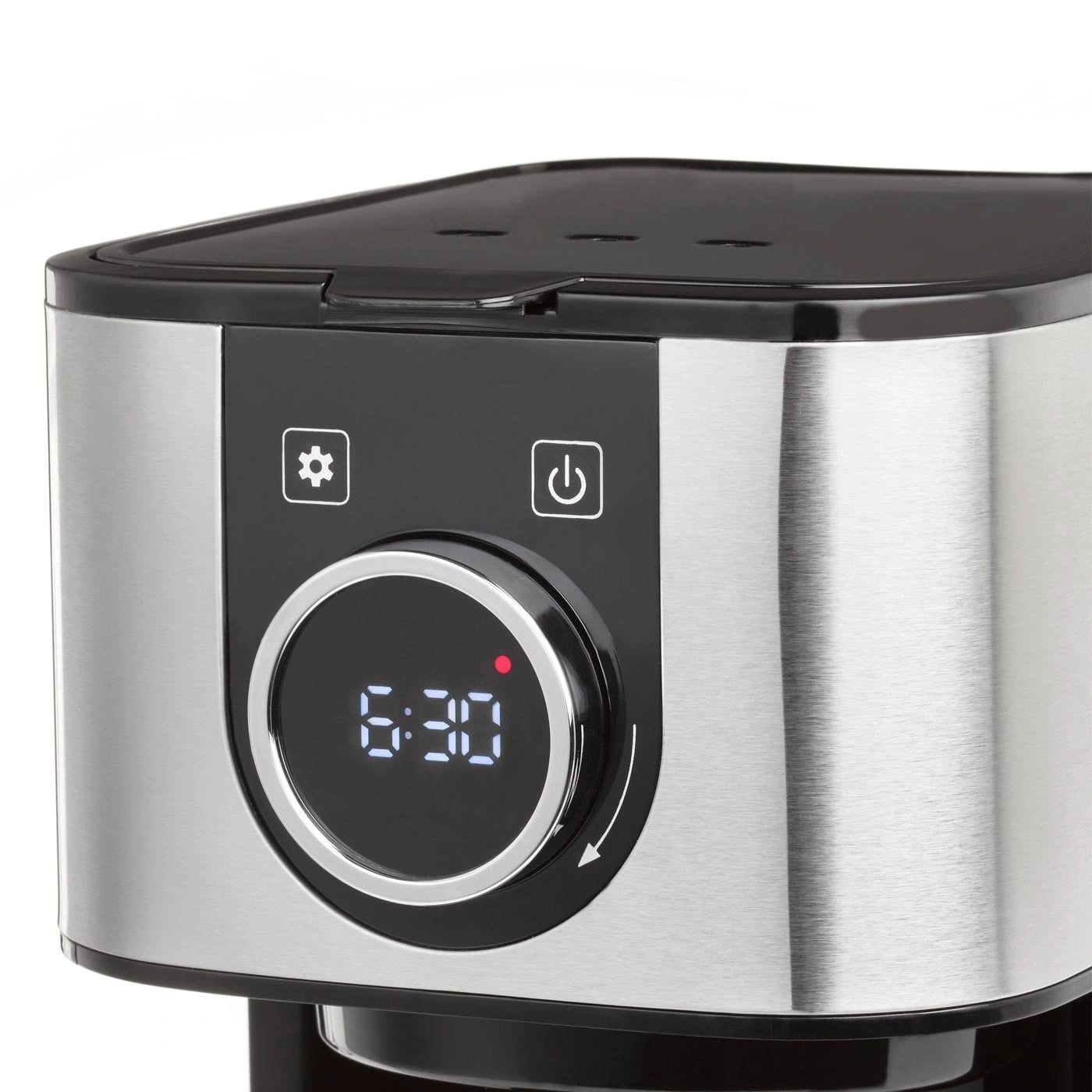 Kaffeemaschine mit digitaler Anzeige, Uhrzeit 6:30, Edelstahl-Design, schwarze Elemente