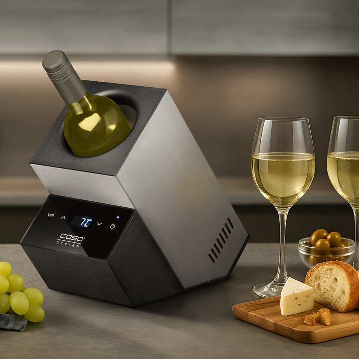 Weinkühler mit Wein, Gläsern, Käse, Brot und Oliven auf einem Tisch.