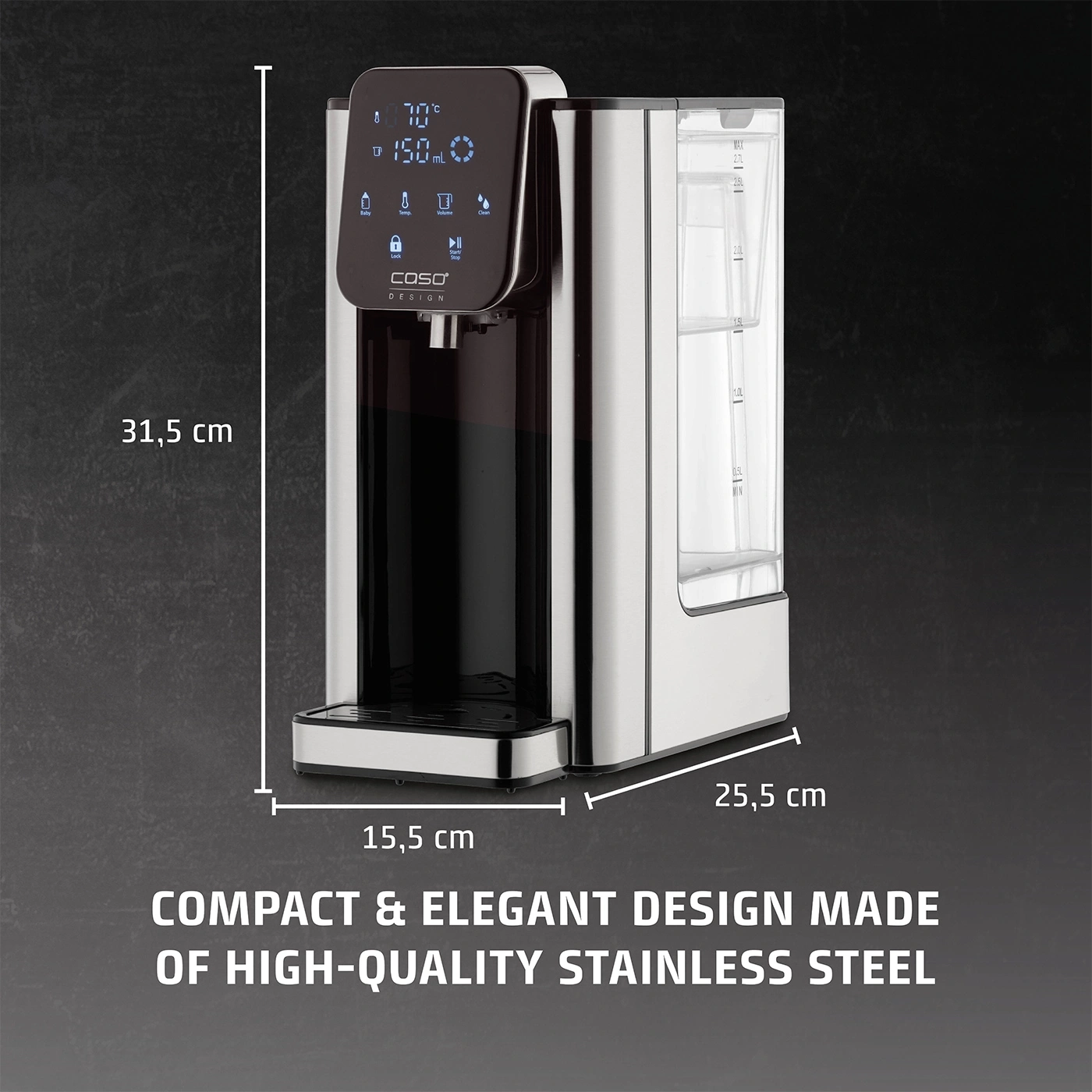 Stainless steel water boiler, 31.5 cm high, 25.5 cm wide, 15.5 cm deep, compact design