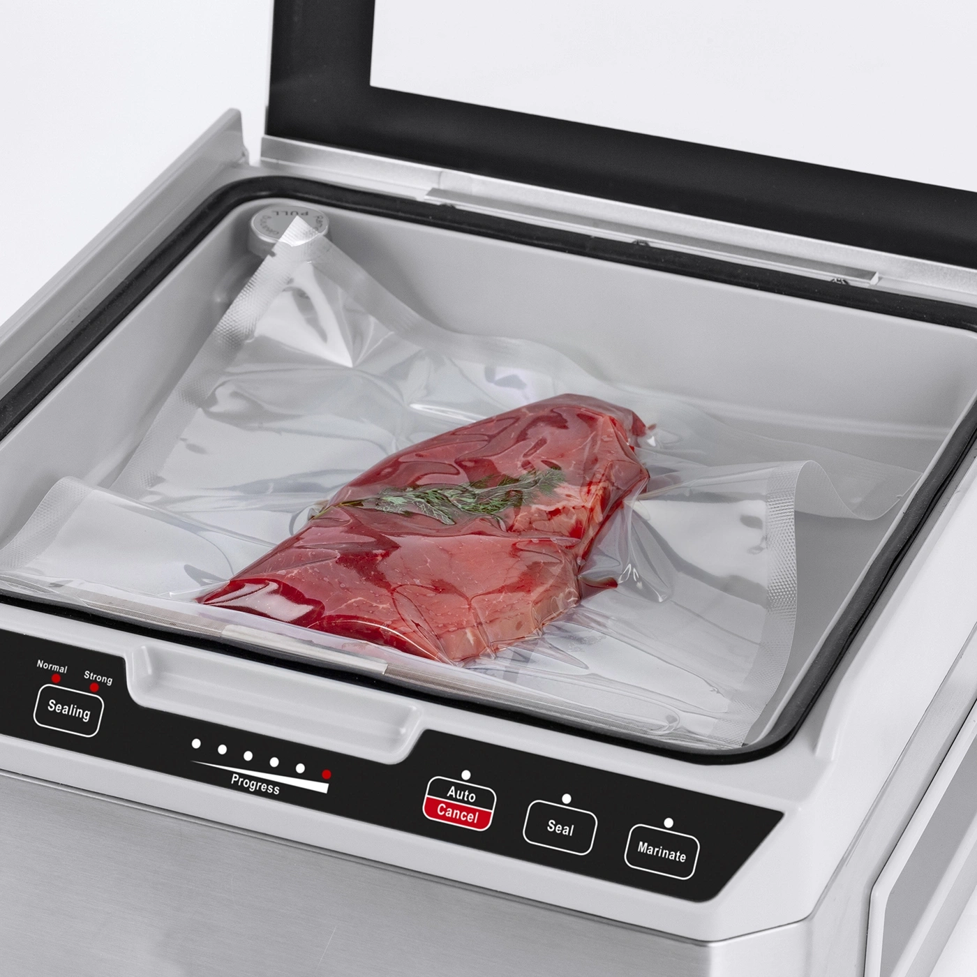 Vakuumiergerät mit Fleisch in Plastikbeutel, Fortschrittsanzeige, Auto-Funktion.