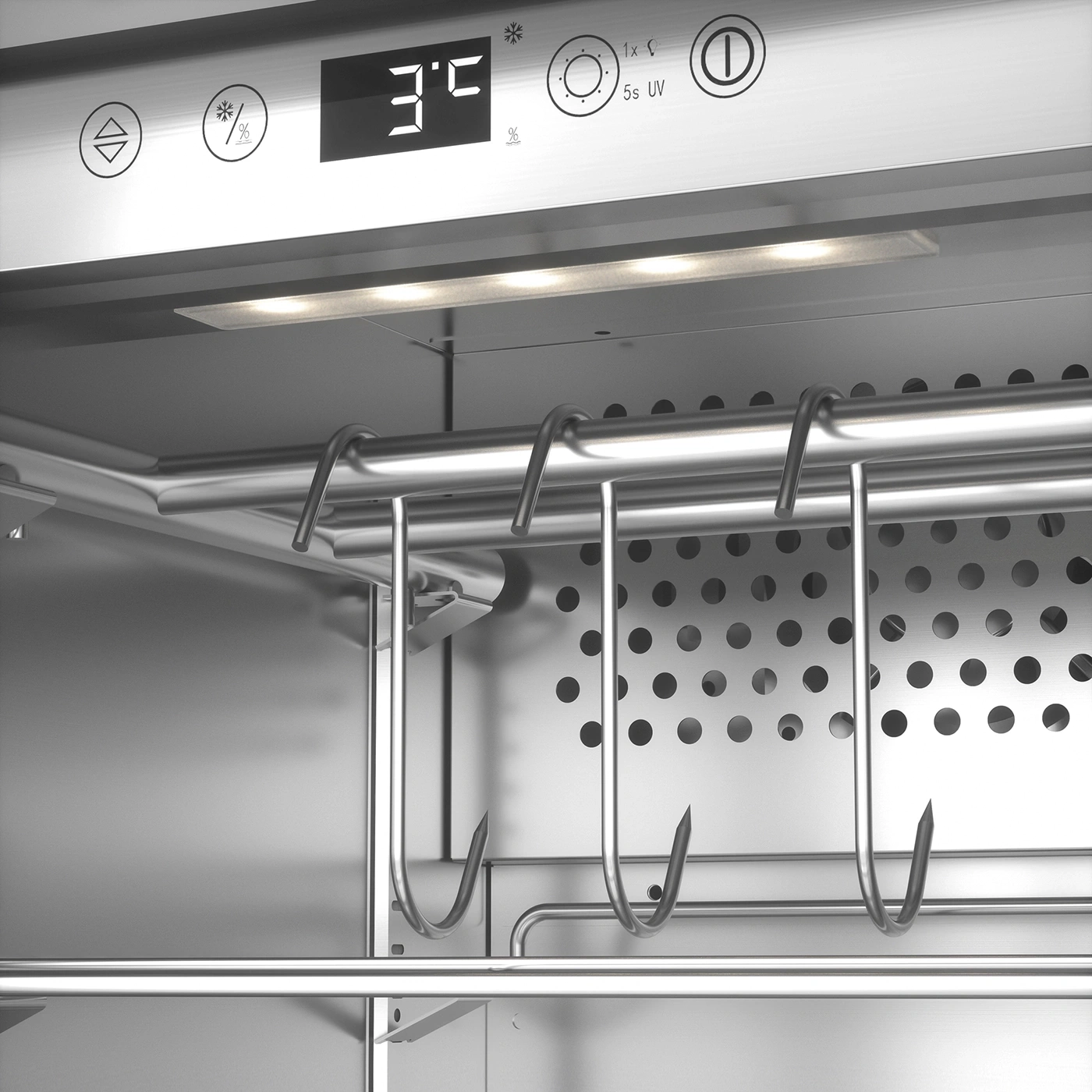 Kühlschrank mit Haken, Temperaturanzeige und Beleuchtung, Edelstahl-Design