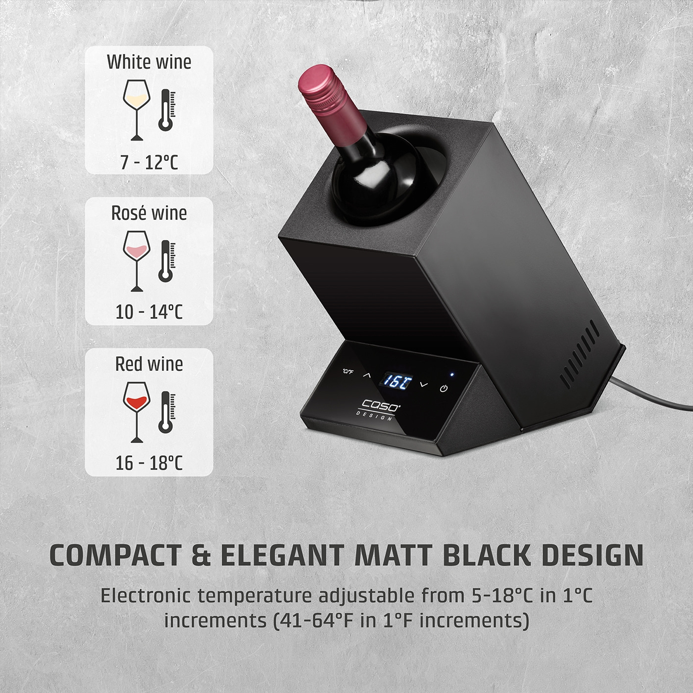 Wine cooler with temperature display for white, rosé, and red wine in an elegant design.