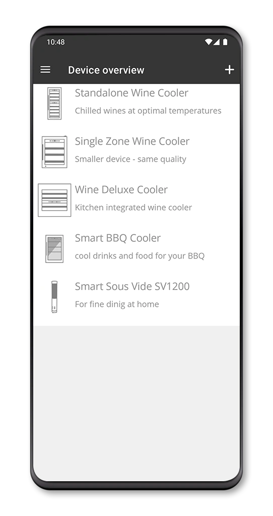 Übersicht über verschiedene Kühlgeräte wie Weinkühler und Sous Vide Geräte.
