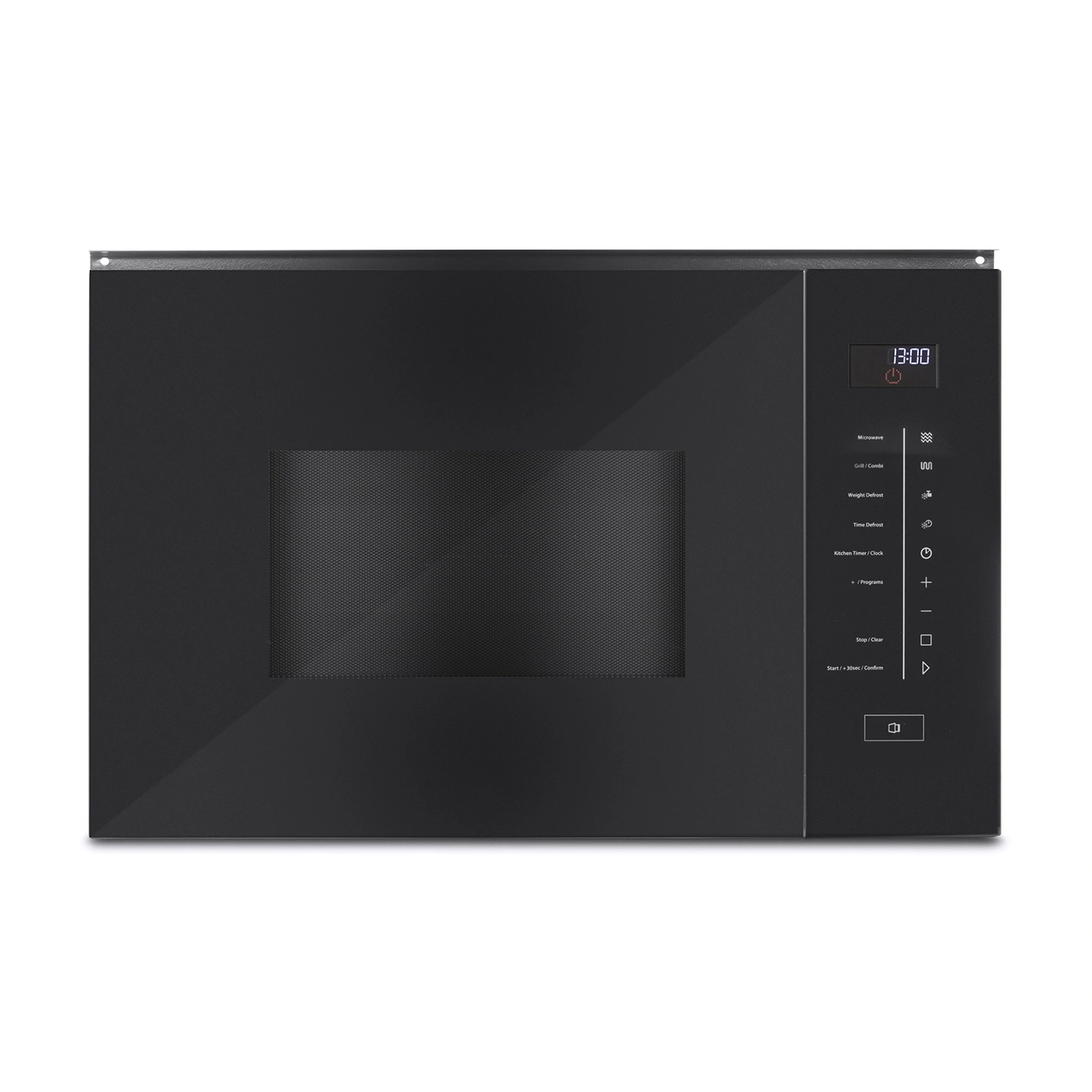 Schwarze Mikrowelle mit Bedienfeld und digitaler Anzeige, 13:00 Uhr.