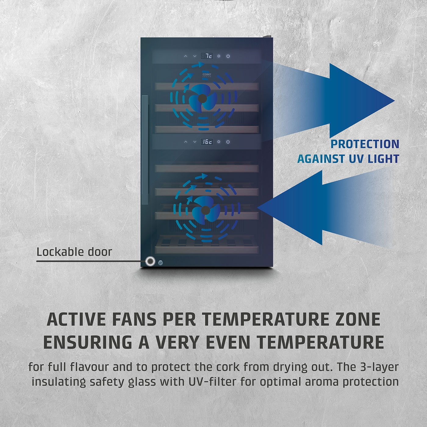 Wine cooler with active fans, UV protection, and a lockable door.