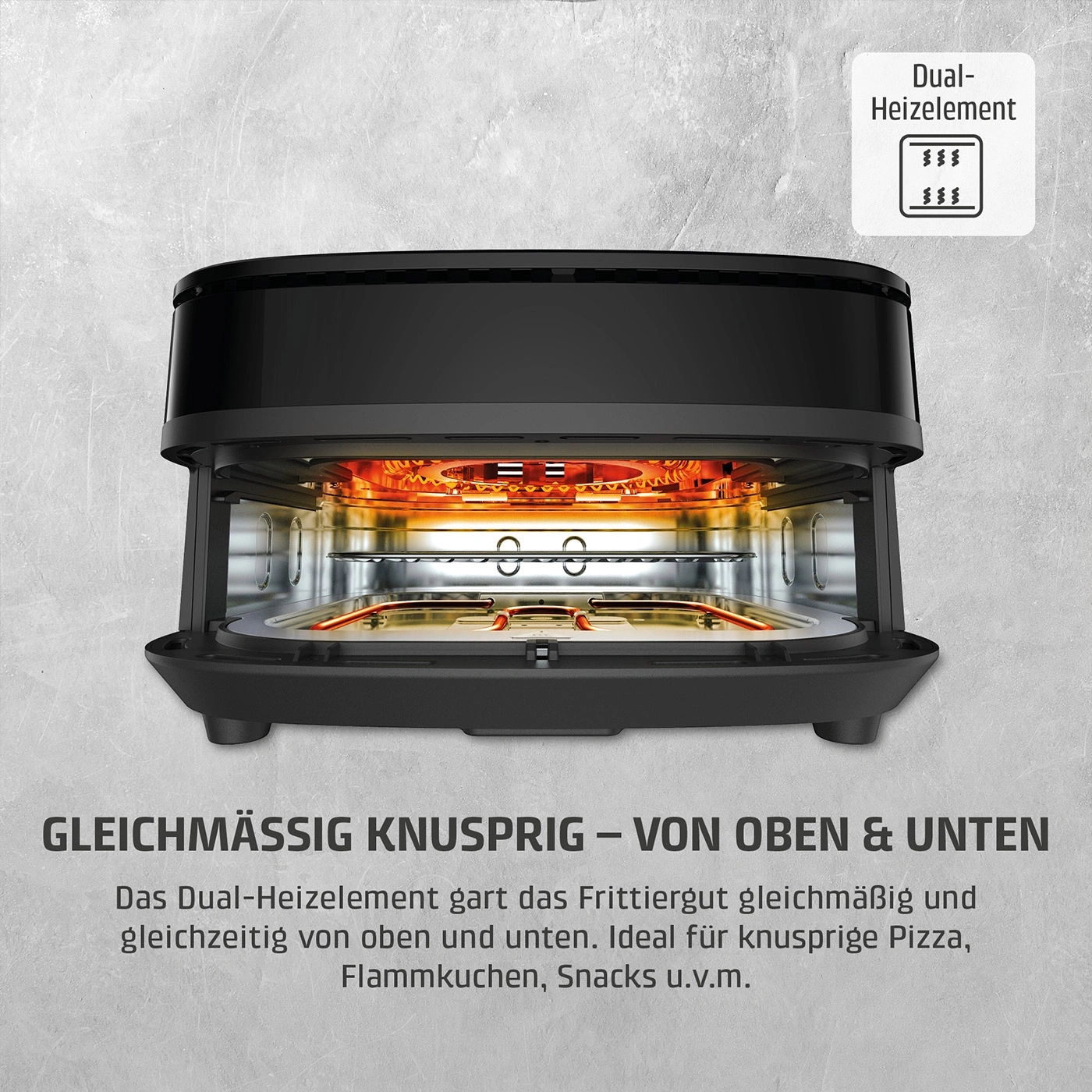Ein Heißluftofen mit Doppelheizelement für gleichmäßig knusprige Ergebnisse von oben und unten.