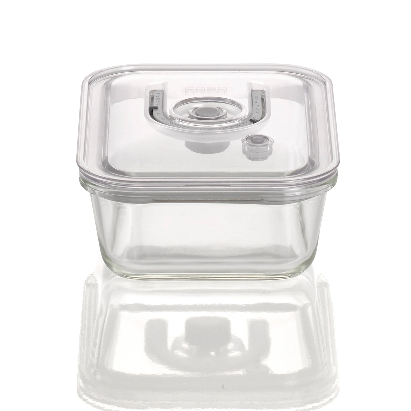 Clear glass square container with lid and closure, isolated on white background