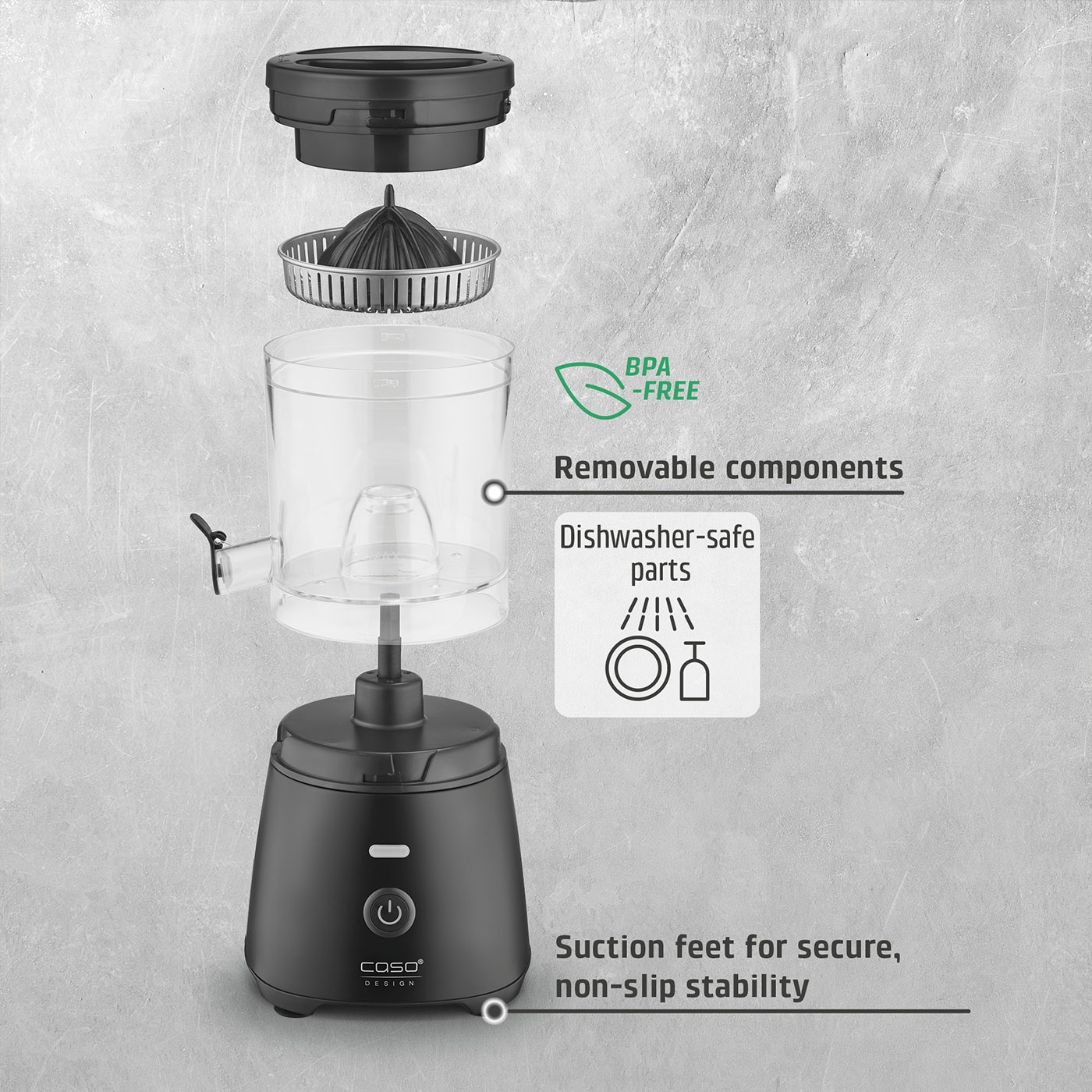 Citrus juicer with BPA-free, removable parts, dishwasher safe, and non-slip feet.