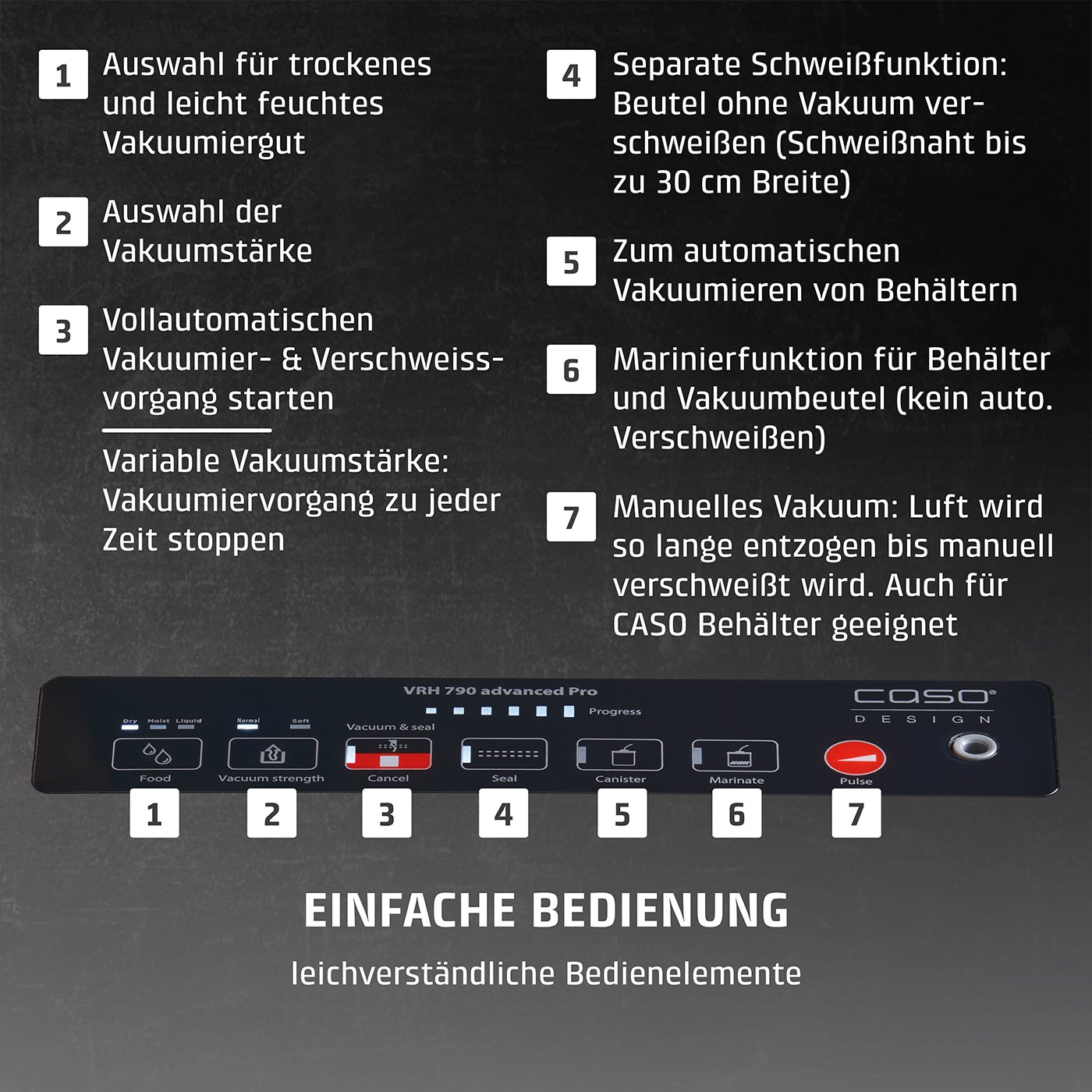 Vakuumiergerät mit Funktionen: Trocken, Vakuumstärke, Automatik, Schweißen, Behälter, Marinieren, Manuell.