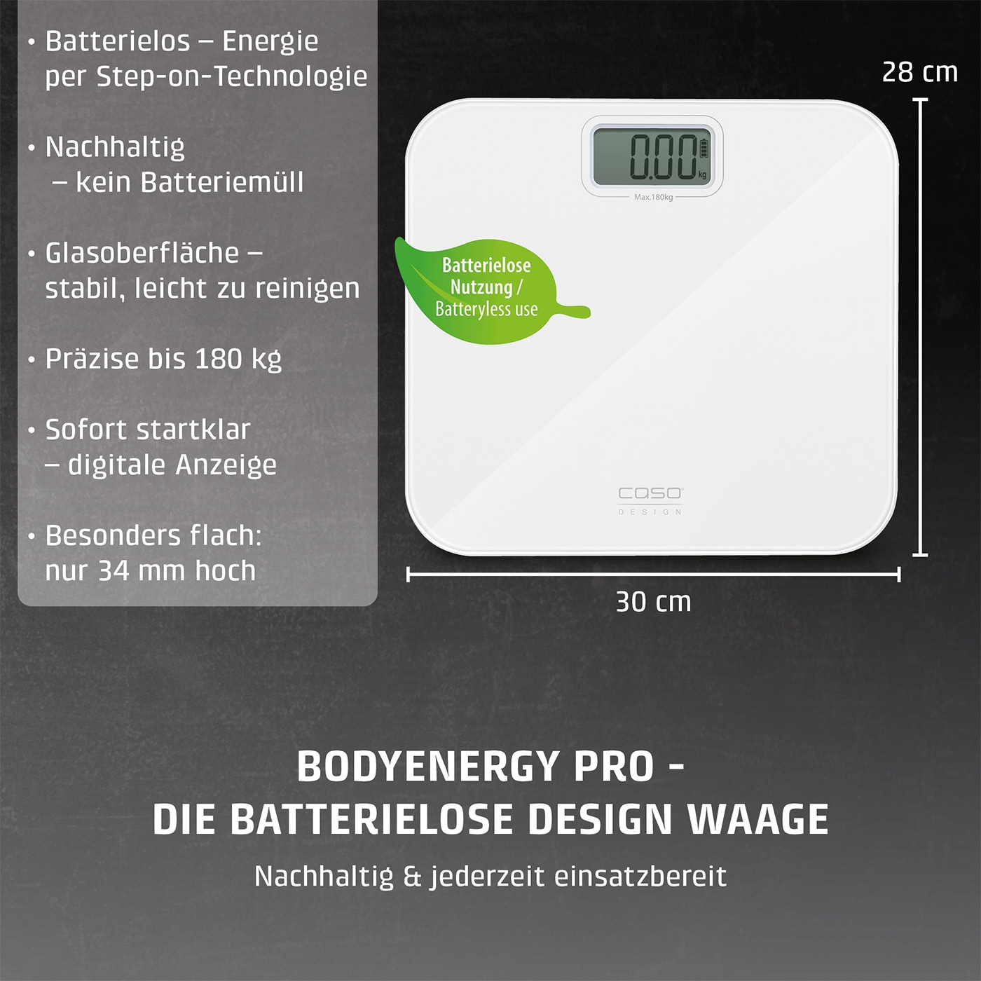 Badezimmerwaage mit digitaler Anzeige, "Batterielos"-Technologie, flaches Design
