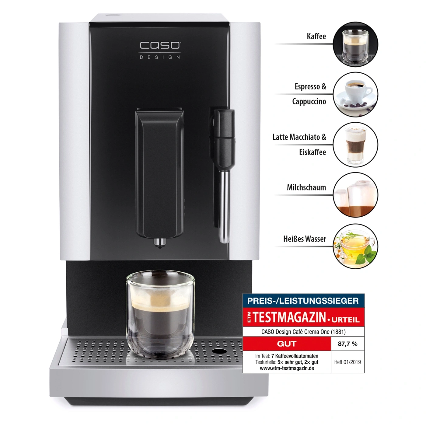 Kaffeemaschine mit verschiedenen Kaffeegetränken und Testergebnis.
