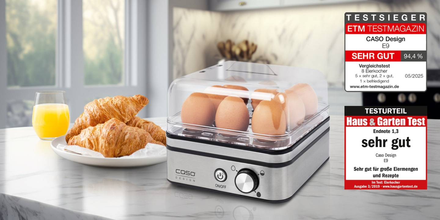 Egg cooker with croissants and orange juice, awarded with very good.