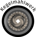 Kegelmahlwerk Logo, schwarzer Kreis, graue Details, weißer Hintergrund, Text