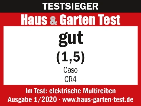Test award for electric multi-graters. Rating: good (1.5) from Caso CR4. Issue 1/2020.