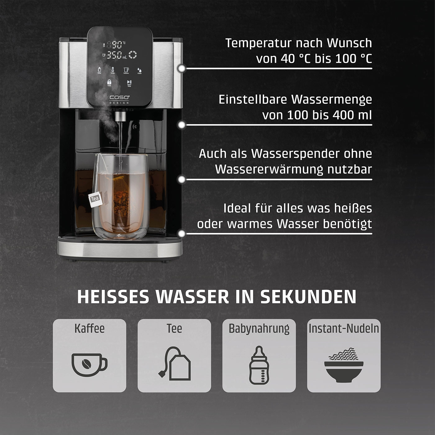 Heißwasserbereiter mit Temperaturregelung und verschiedenen Anwendungen wie Kaffee und Tee.