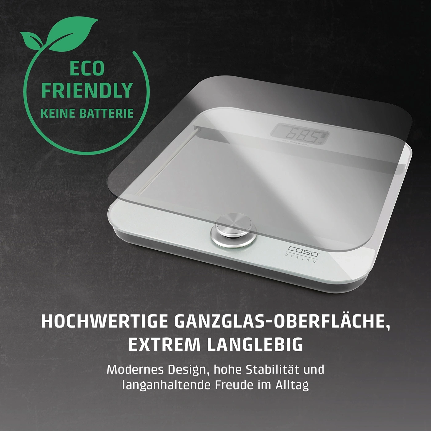 Personenwaage mit Glasoberfläche und "Eco Friendly"-Aufdruck.