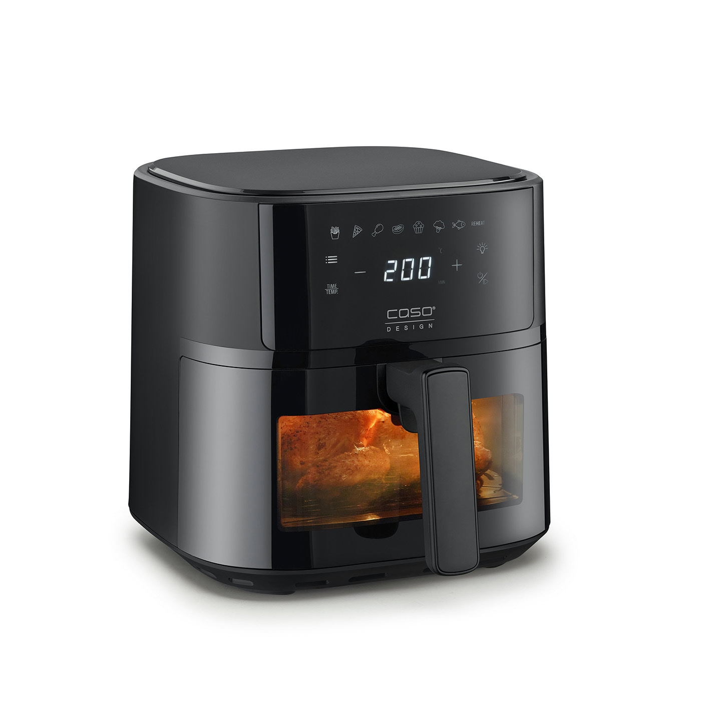 Black air fryer with digital display and food inside the cooking chamber