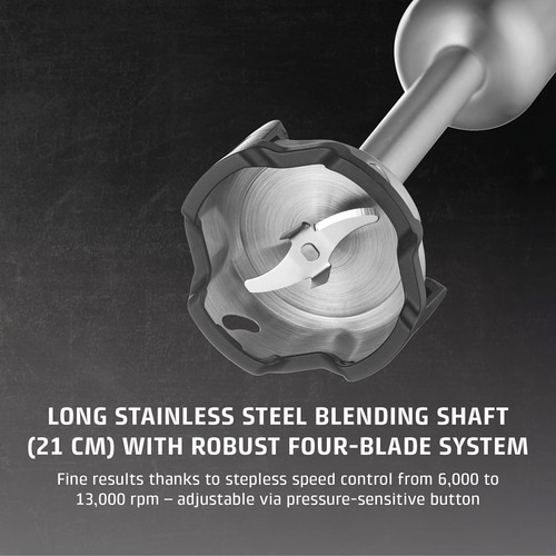 Stainless steel mixer with four blades, 21 cm, for fine results and speed control.