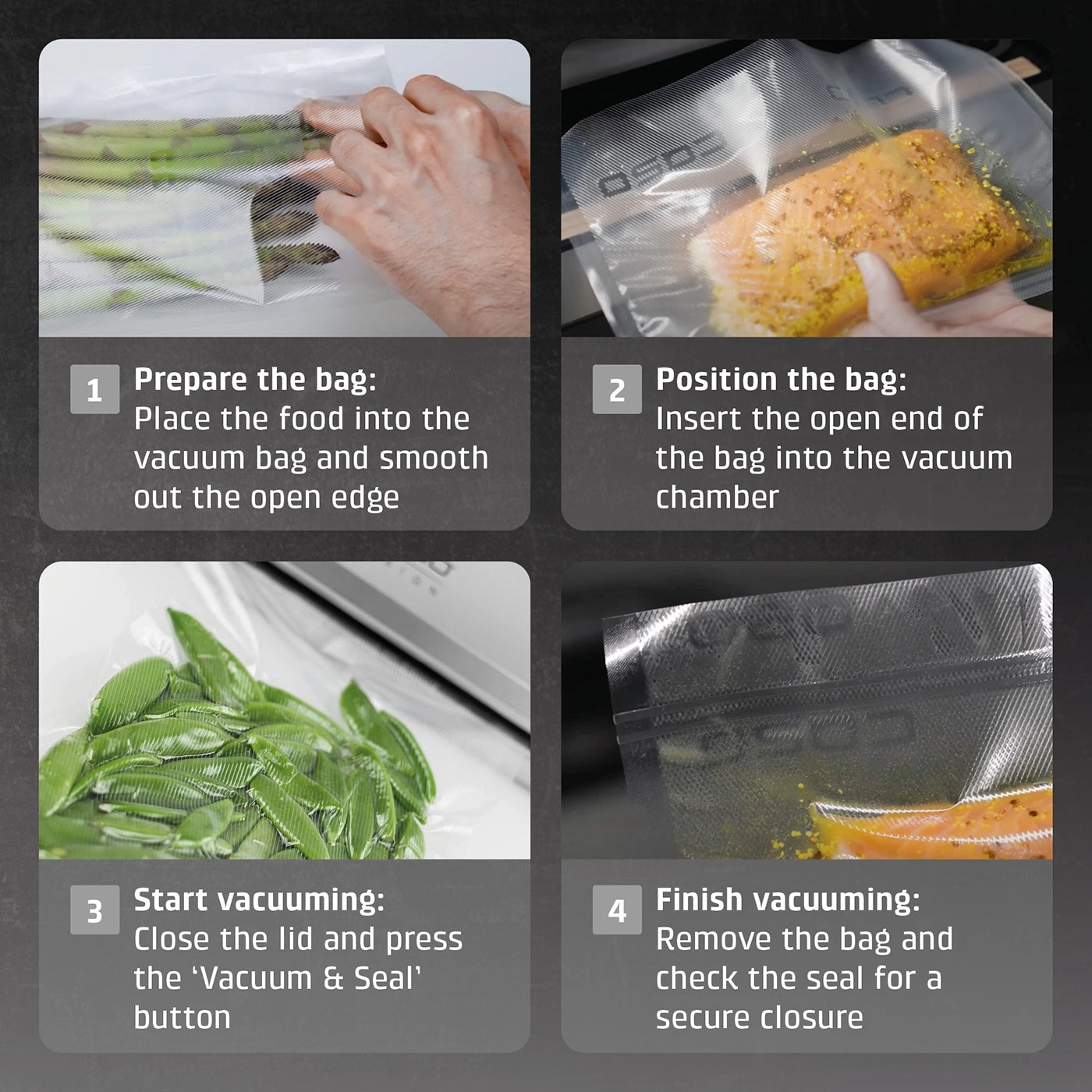 Vacuum process: food in bag, position, start vacuum, close and check seal. 