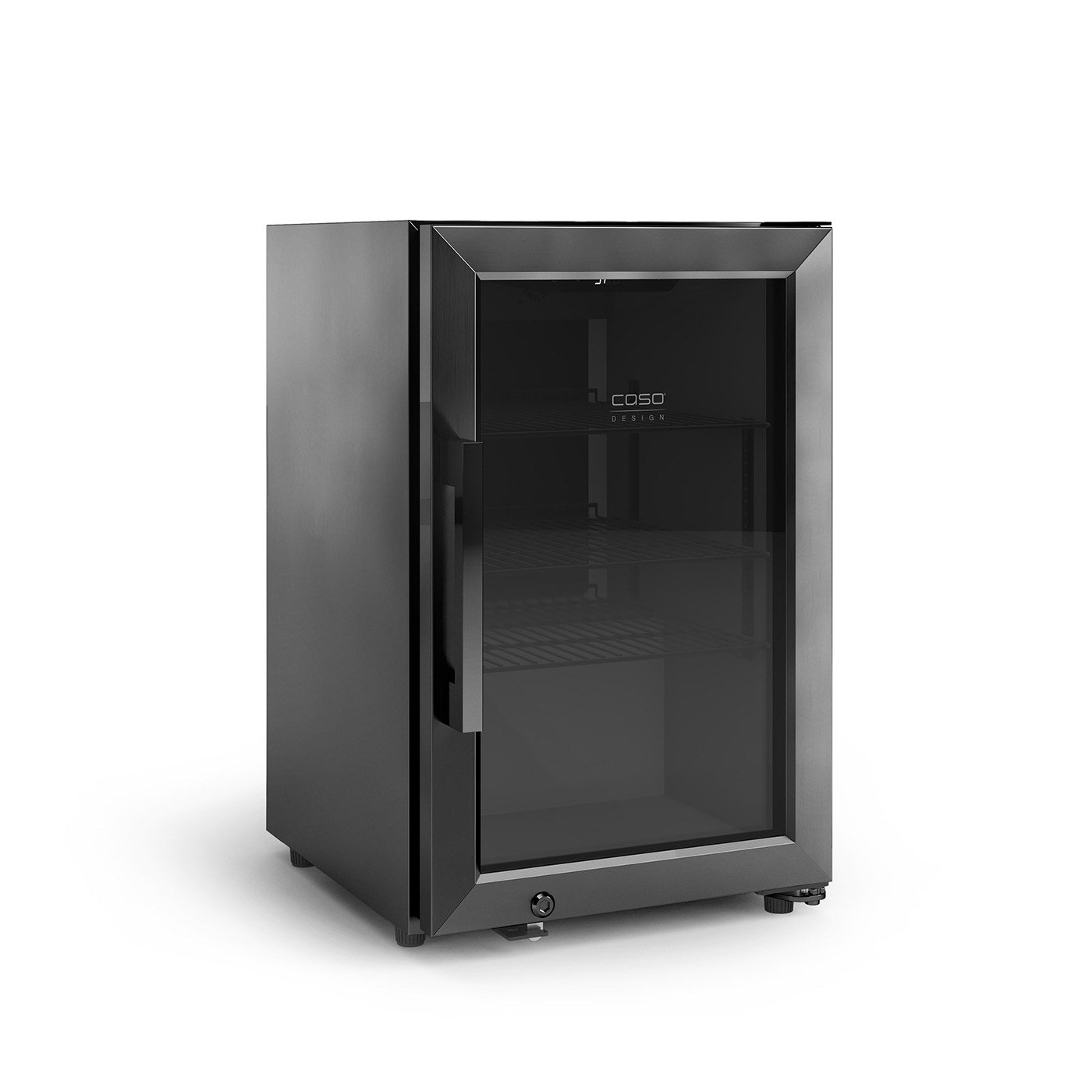 Black refrigerator with glass door, Caso Design, isolated on white background