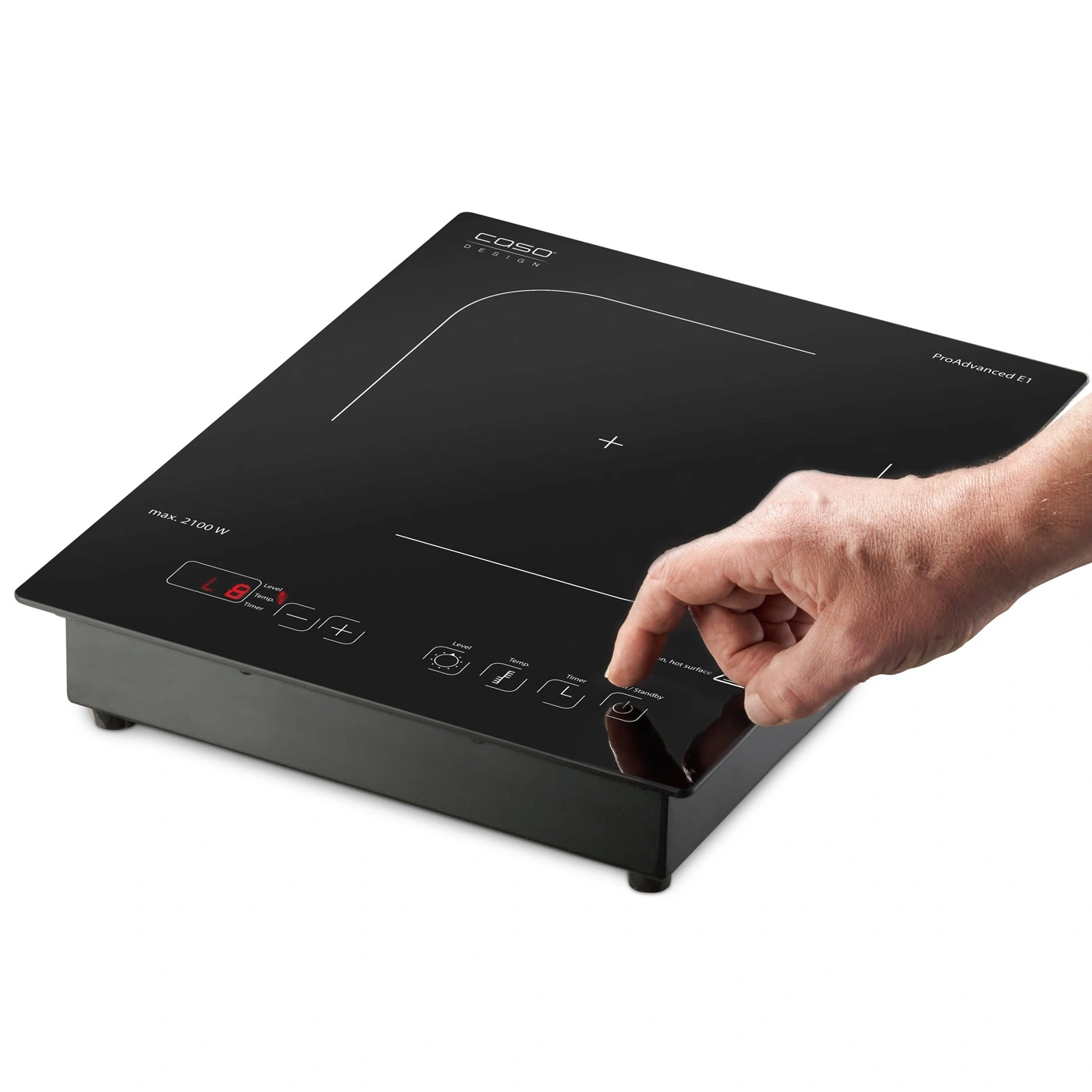 Induction cooktop with control panel, hand touching the cooktop, black design, Caso.