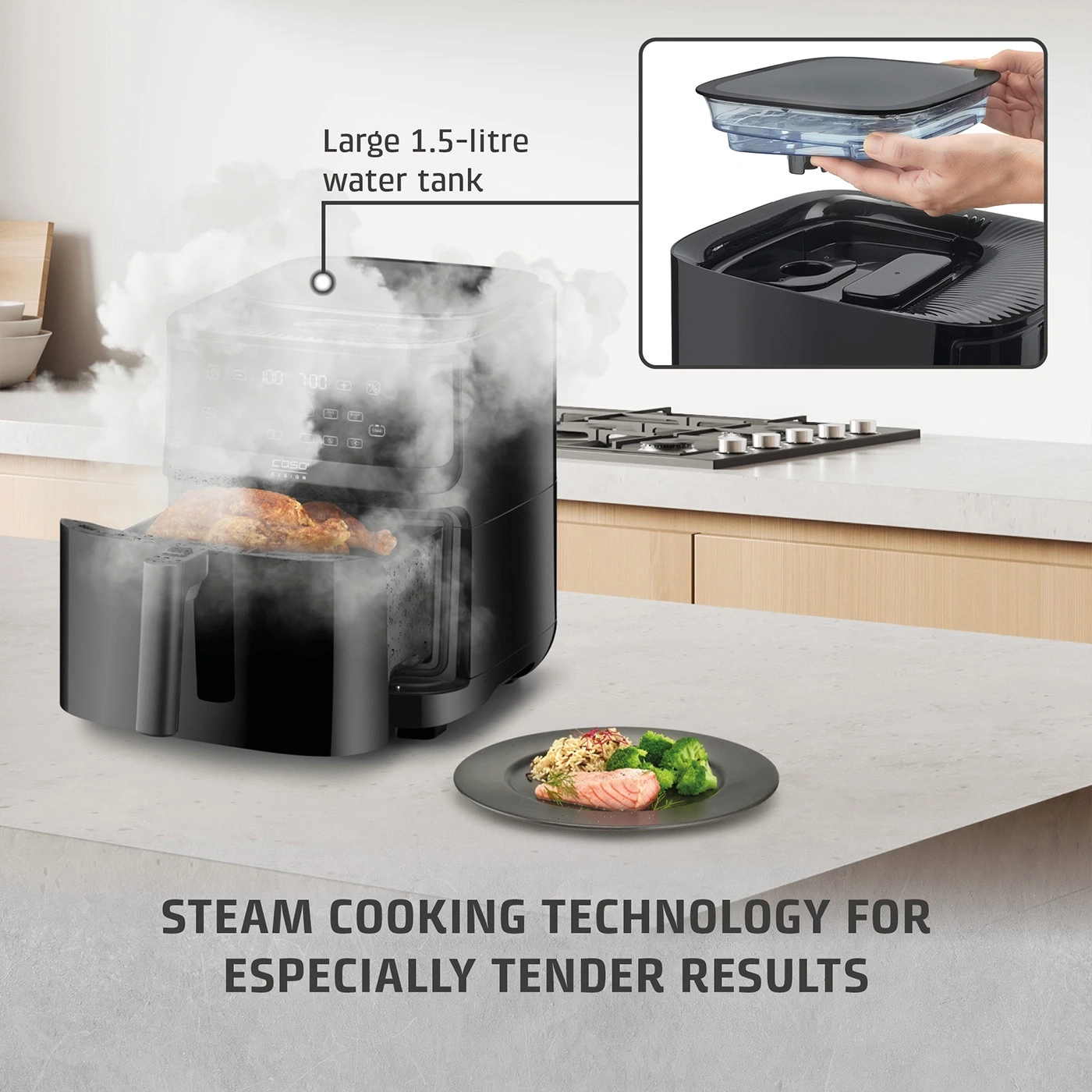Steamer with large water tank and tender cooking results. Food on a plate.