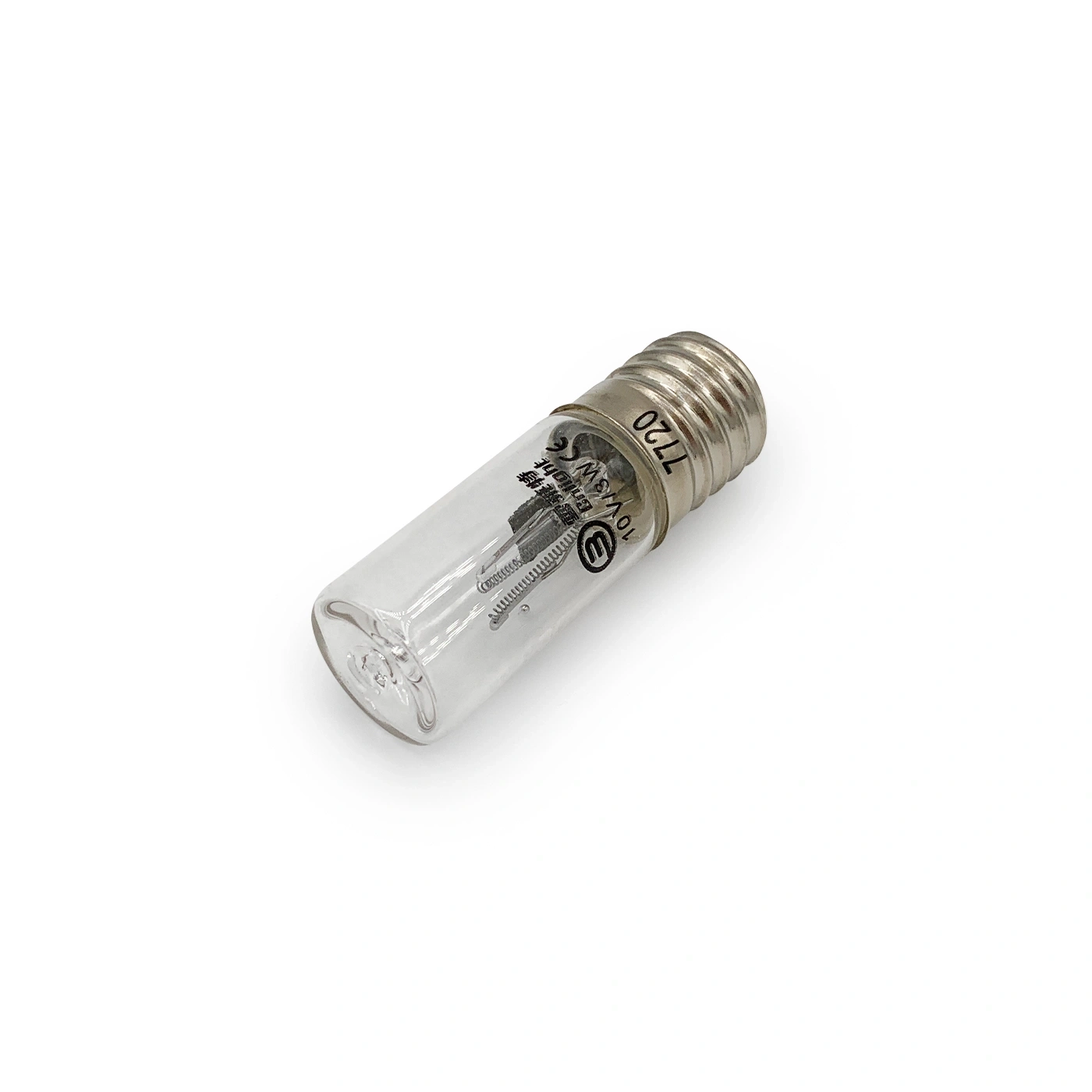 Glühbirne mit der Aufschrift 7720, 10V/3W, CE-Zeichen, auf weißem Hintergrund