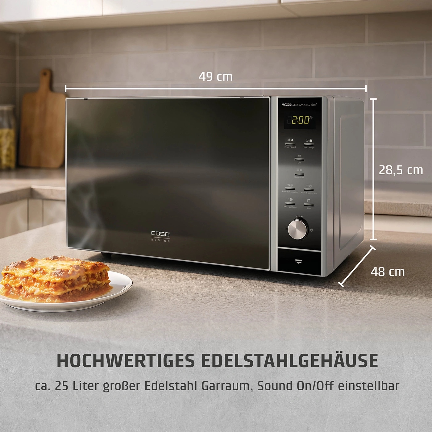 Mikrowelle mit Edelstahlgehäuse, 49x48x28,5 cm, 25 Liter Garraum, Sound On/Off