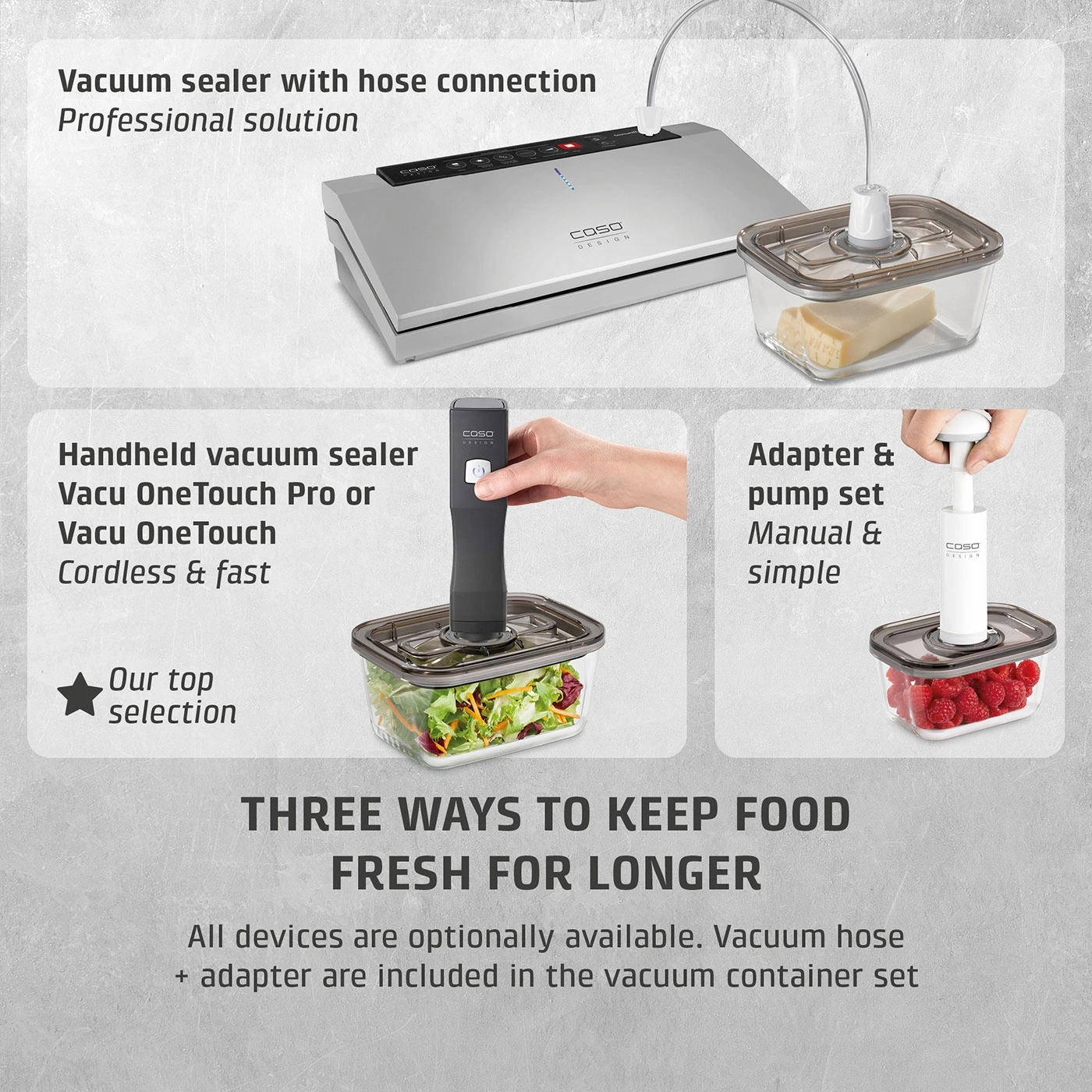 Vacuum sealer with hose connection and handheld vacuum sealer for food freshness.