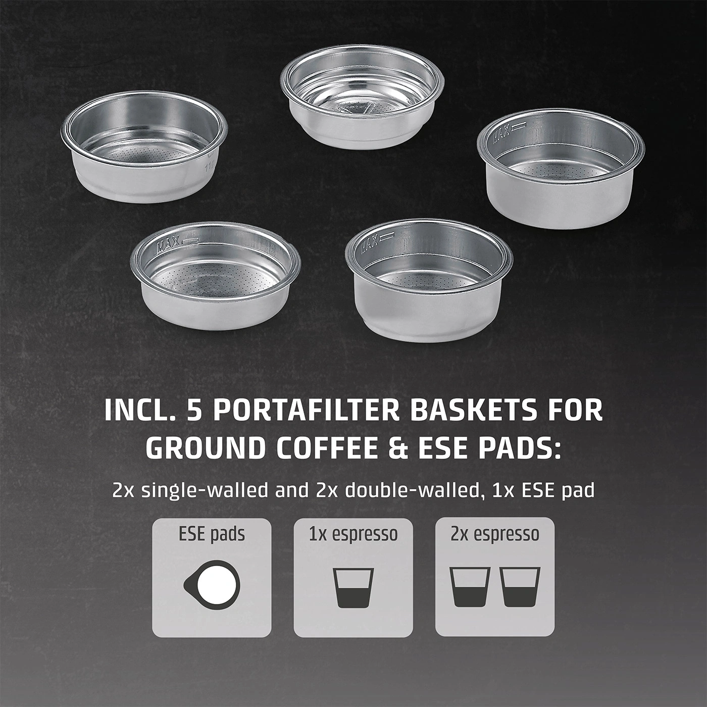 Coffee filters with text: 5 coffee sieves for ground coffee & E.S.E. pads.
